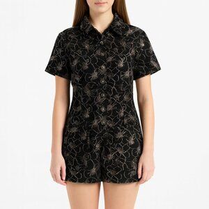 Alexis Belita Floral Jacquard Romper Black Silver Metallic Short Sleeve